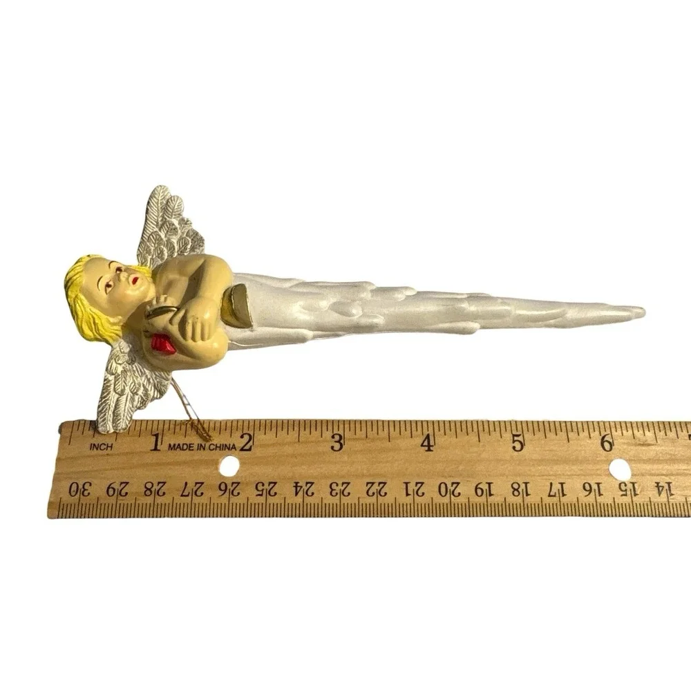 Vintage Angel Icicle Ornament Holding Bell Christmas Plastic‎ Cherub Religious